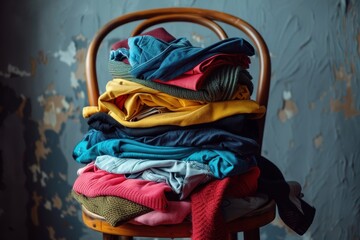 Messy chair with dirty laundry clothes for donation recycling minimalism and wardrobe cleaning