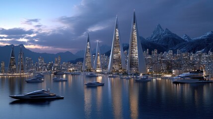 Fototapeta premium The scene showcases luxurious yachts anchored in Dubai Marina during sunset, with the striking skyline and Burj Khalifa illuminating the horizon