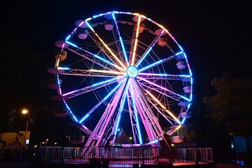 A vibrant Ferris wheel illuminated with colorful lights against the night sky, creating a captivating and festive atmosphere.