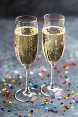 Two glasses of champagne with festive confetti for celebration