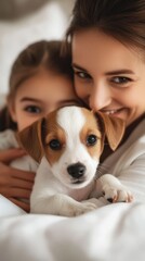 Loving Mother and Child Cuddling with Puppy on Cozy Bed