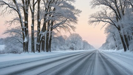 Fototapeta premium Empty snow-covered road lined with frosty trees at dawn