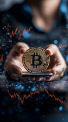 a close-up of a hand with a smartphone and a Bitcoin coin, focusing on buying cryptocurrencies online in a bullish crypto market