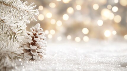 Close-up of a snowy Christmas tree branch adorned with twinkling lights, set against a softly blurred golden background.