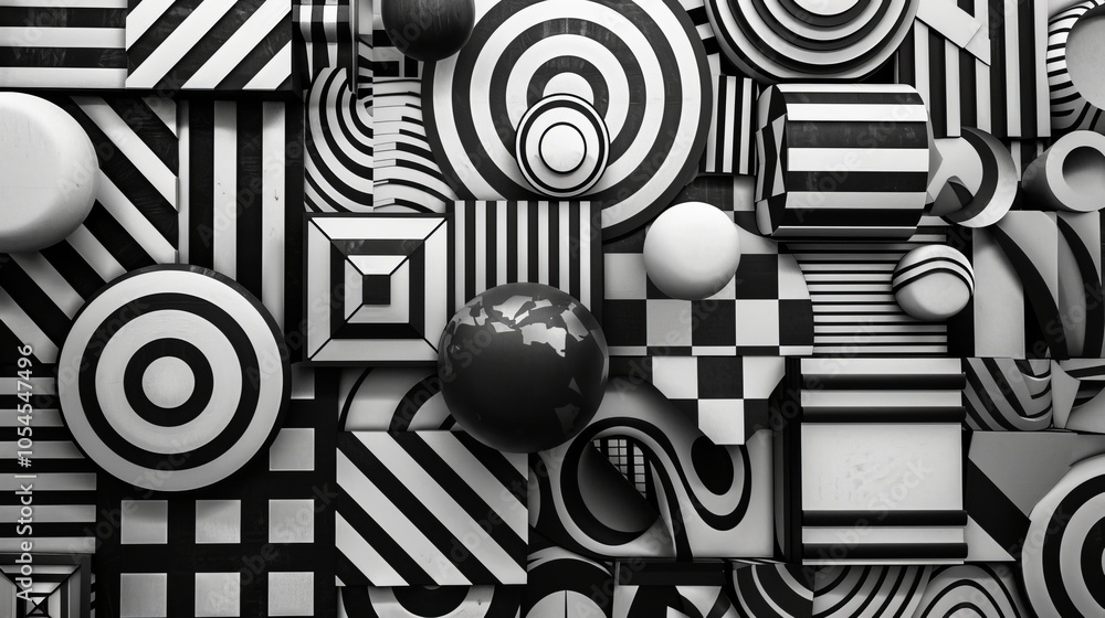 Poster this intricate geometric design features a variety of shapes, lines, and patterns in black and white
