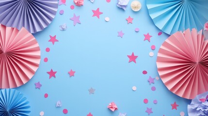 Colorful Paper Decorations with Stars on Blue Background