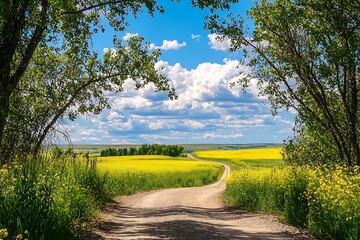 Winding rural path framed by colorful canola flowers under a sunny sky.