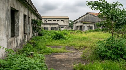 Overgrown concrete pathway in front of abandoned industrial buildings.