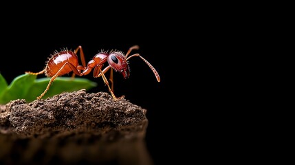 Fototapeta premium A close-up shot of a red ant with a black background. The ant is perched on a small pile of dirt with a leaf behind it.