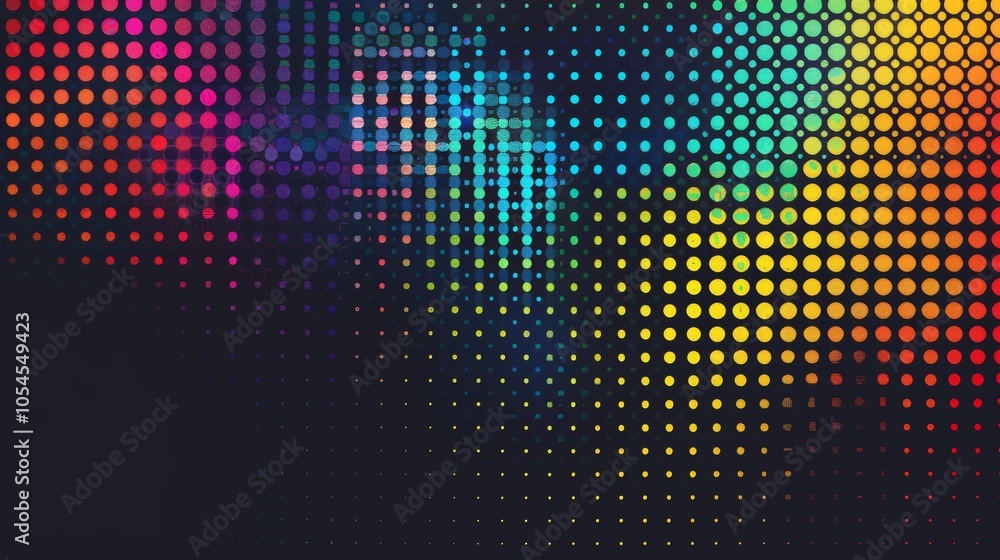 Poster an abstract digital design showcasing a striking pattern of dots on a dark background, vividly portr