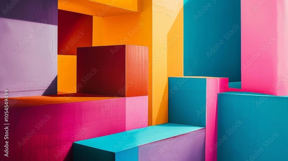 Poster a modern abstract composition of overlapping geometric blocks in bright colors, forming a complex vi