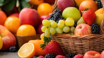 Vibrant assortment of fresh fruits in a natural wooden basket display