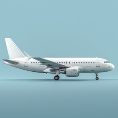 Obraz premium Side profile of a shiny, white airliner in light blue background. 