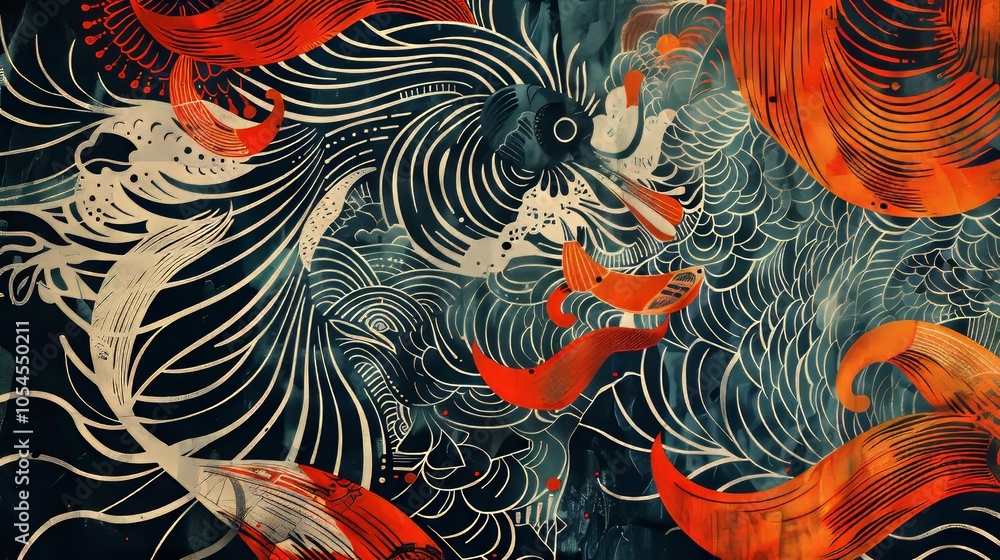 Poster a captivating abstract art piece featuring dynamic swirls and patterns in red and white, evoking mov
