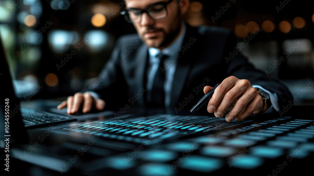 Poster a focused professional interacts with a digital tablet, analyzing data while working in a contempora