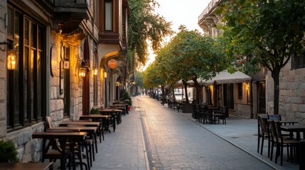 Fototapeta premium Charming cobblestone street at dusk, lined with cafes and warm lighting