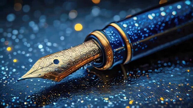 Close up of golden fountain pen tip on dark background