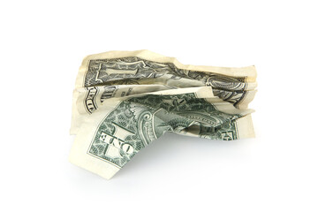 One crumpled dollar banknote isolated on white