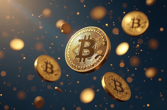 A collection of Bitcoin coins is suspended in mid-air, radiating a golden shine against a dark backdrop, illustrating the allure of digital currency in today's economy