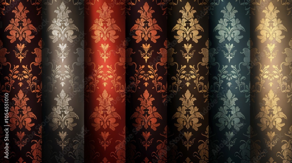 Poster a range of elegant and ornate damask patterns in various classic colors highlighting the rich textur