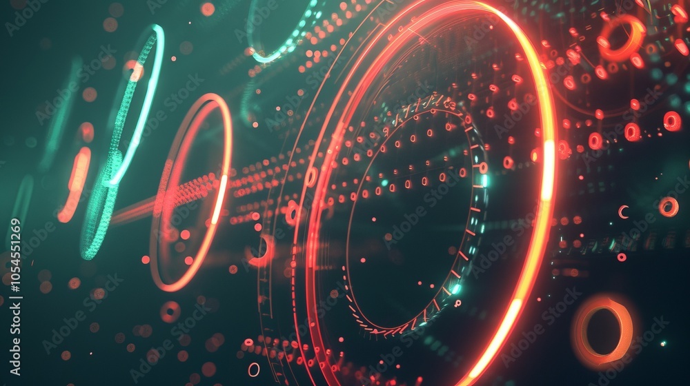 Poster an intricate futuristic image showcasing a digital interface with glowing red and green rings and bi