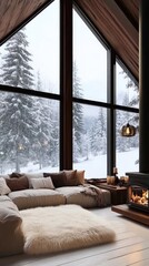 Fototapeta premium A bright and inviting living room features a cozy couch, a fluffy white rug, and large windows that showcase a snowy outdoor landscape, creating a serene atmosphere