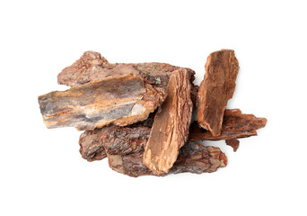 Pieces of tree bark on white background, top view