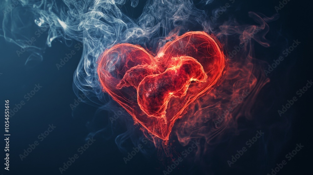 Poster a red heart enveloped in wisps of smoke on a dark backdrop, creating a visually striking and symboli