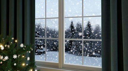 Naklejka premium Snowflakes gently descend outside a window on a chilly winter evening, while a beautifully adorned Christmas tree stands adorned in the corner