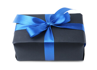 Gift box with blue bow isolated on white