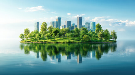 Fototapeta premium A vibrant island showcases greenery and trees, reflecting a contemporary skyline on tranquil water beneath a sunny sky
