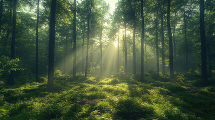 Obraz premium Bright rays of sunlight pierce through the tree canopy, illuminating the vibrant green forest floor in a peaceful morning setting