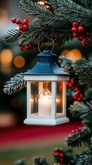 A charming lantern illuminates a festive atmosphere as it hangs from a lush Christmas tree, surrounded by vibrant red berries and frosted pine branches