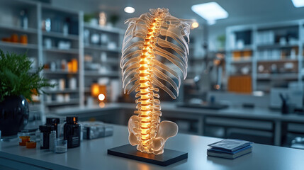 Fototapeta premium A transparent, illuminated model of a human spine stands prominently in a contemporary medical lab filled with supplies and educational materials