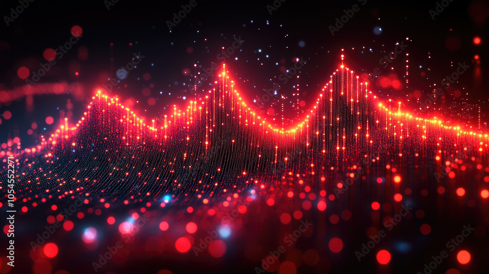 Poster a vivid visual of soundwaves in red and blue on a dark backdrop, featuring sparkling elements that h