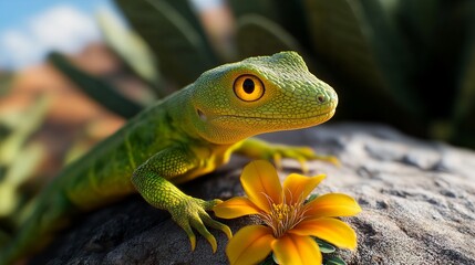 Fototapeta premium A close-up of a green lizard with a bright yellow eye, perched on a rock with a vibrant orange flower.