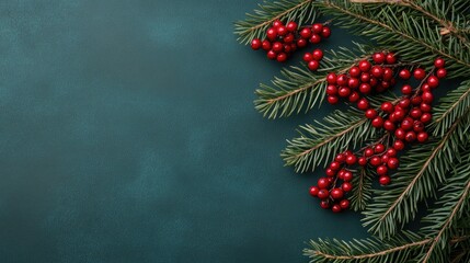 Pine branches with vibrant red berries create a festive atmosphere against a dark teal backdrop, perfect for celebrating the holiday season.