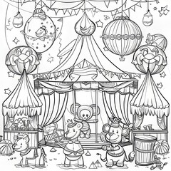 A black and white illustration of a circus with animals, tents, and hot air balloons.