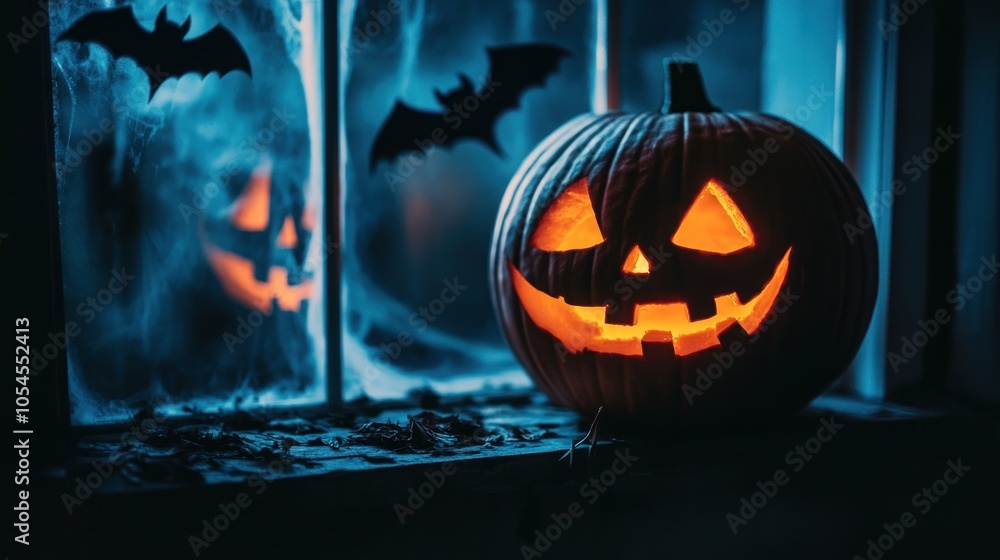 Poster a jack-o'-lantern with a glowing face sits on a windowsill with two bats and another jack-o'-lantern