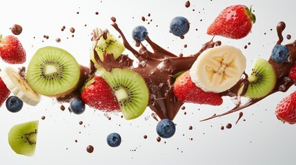 A vibrant arrangement of strawberries, bananas, blueberries, and kiwis splattered with chocolate sauce