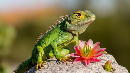 A vibrant green iguana perches on a rock with a large, pink flower.