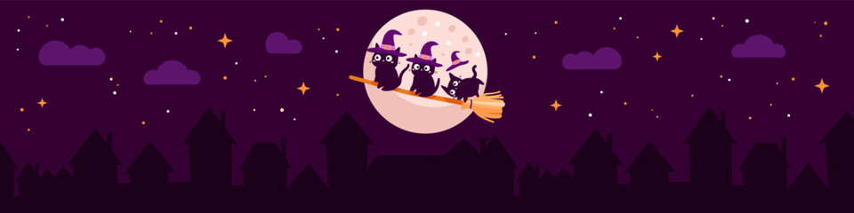 Halloween horizontal banner with three black cats with witch hat. Town silhouette and night sky on purple background. Holiday vector illustration. Greeting card.