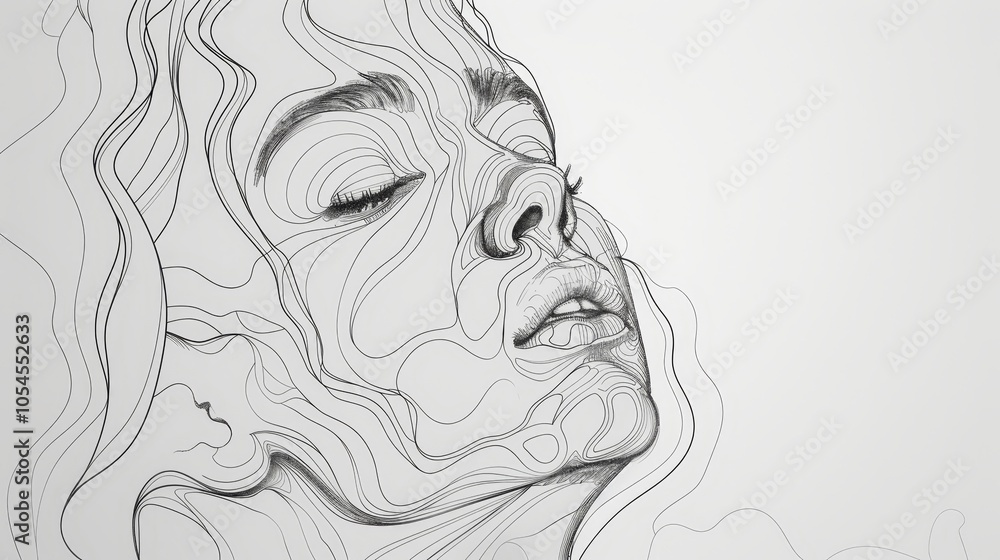 Aufkleber an intricate abstract line drawing forms a beautiful face with closed eyes, capturing the essence of