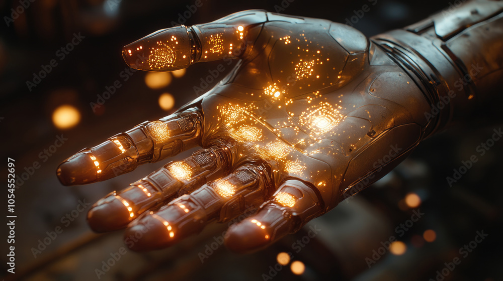 Aufkleber the advanced robotic hand displays intricate circuitry and glowing lights, reflecting a blend of tec