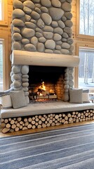 Obraz premium A traditional rock fireplace displays a warm fire, surrounded by neatly stacked logs and soft cushions in a charming cabin, creating a welcoming atmosphere perfect for relaxation