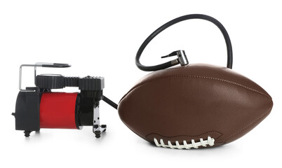 American football ball and air compressor isolated on white