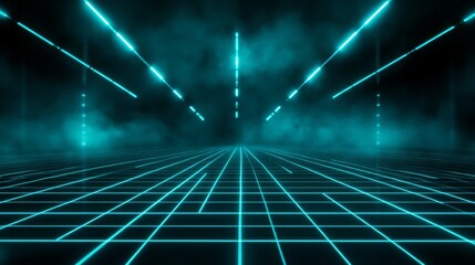 Vibrant stage scene featuring dynamic green lighting and geometric patterns on a reflective floor, perfect for events or performances.