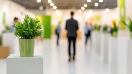 Sustainable Solutions Showcase: Green Construction Business Expo with Eco-friendly Models and Green Banners