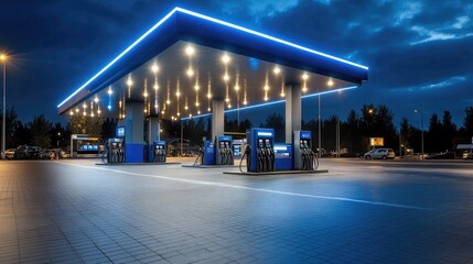 A gas station features glowing fuel pumps set against a backdrop of an evening sky and surrounding trees, highlighting urban convenience and accessibility at dusk