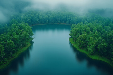 Fototapeta premium Aerial view of a tranquil blue lake surrounded by lush green forests under soft morning mist